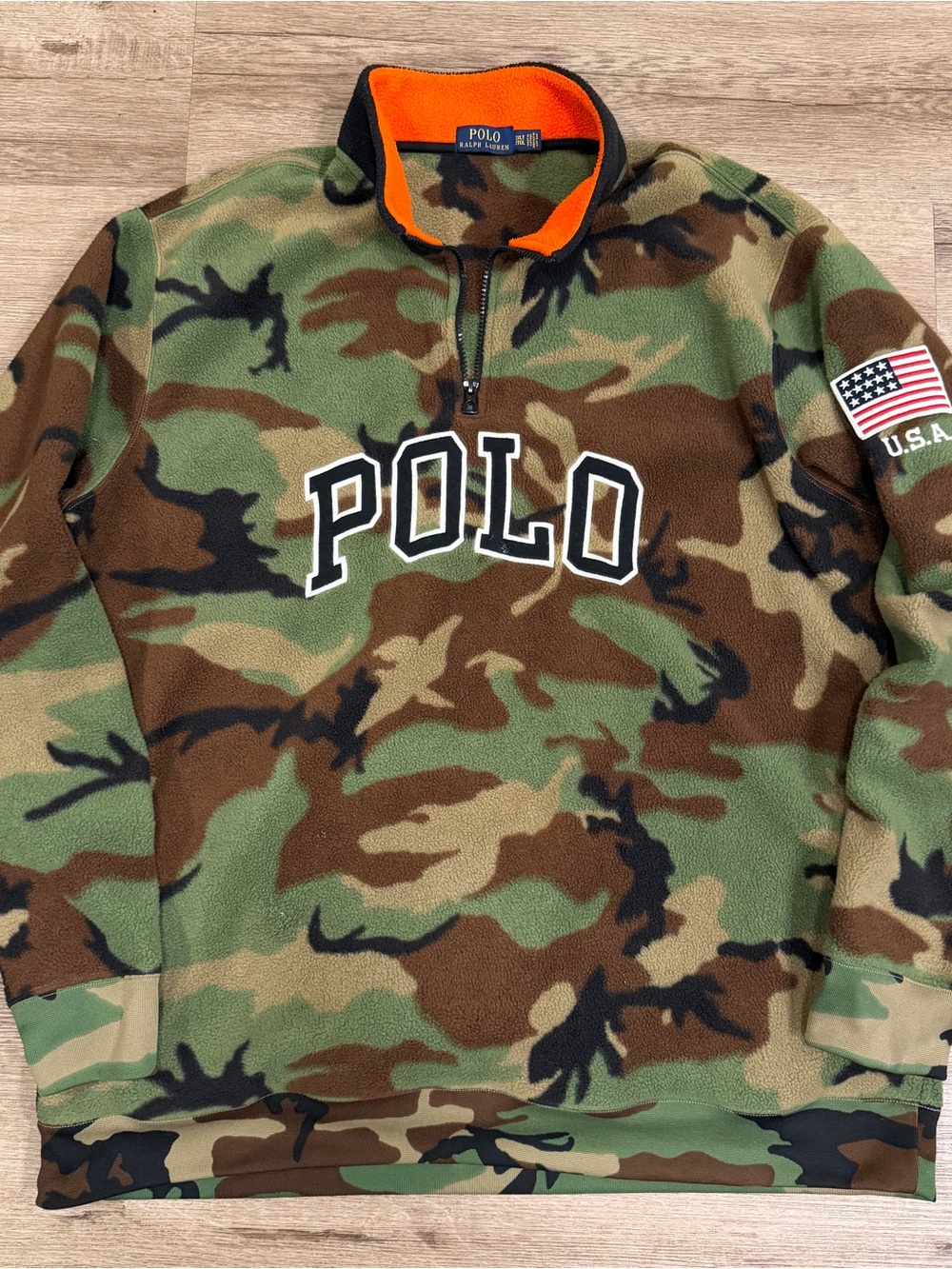 Polo by Ralph Lauren Green Brown Camo Half-Zip Fleece with Orange Collar